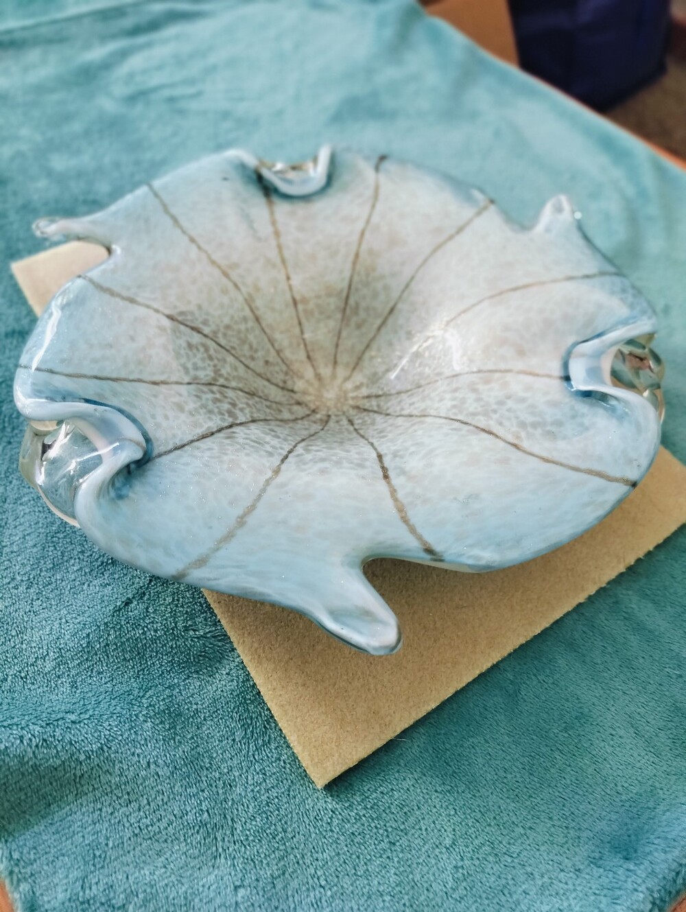 Vintage Hand-Blown Art Glass Bowl Blue & White Speckled Ruffled Edge Centerpiece